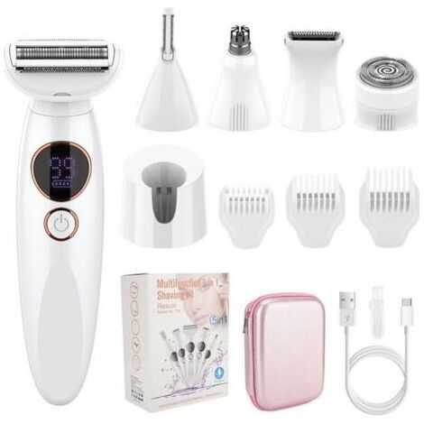 Rasoir Electrique Femme 5 en 1, Tondeuse Femme Intime, Rasoir Femme Maillot IPX7 Etanche avec Station de Charge USB pour Visage, Corp, Sourcil, Bikini (1/4)