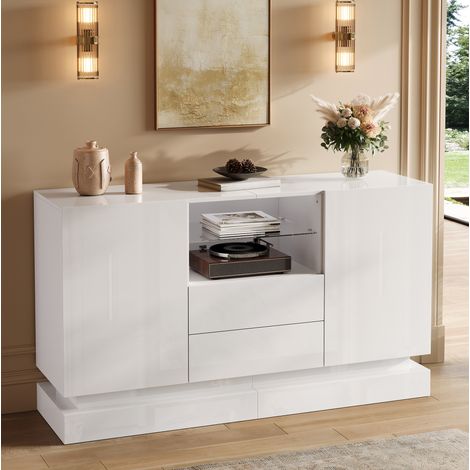 MODFU – Credenza 140x40x80 cm in truciolato con 2 ante, 2 cassetti e LED tramite app, carico 60 kg – Bianco lucido (1/5)