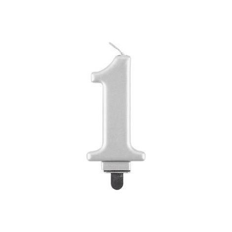 Vela número 1, color plata metalizado, 8 cm, 1 unidad. (1/2)