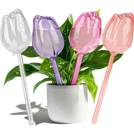 Set di 4 sfere irrigatrici automatiche a forma di tulipano per piante da interno ed esterno, realizzate in plastica. (1/5)