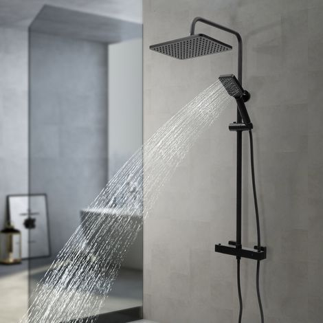 Mitigeur thermostatique carré avec ensemble de douche, ensemble combiné de douche de luxe à effet pluie pour salle de bains, système de douche à effet pluie à fixation murale, noir (1/5)