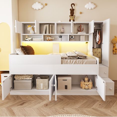 Letto per bambini 90x200 cm con armadio, contenitori, scala e LED, bianco DESVIAE (1/5)