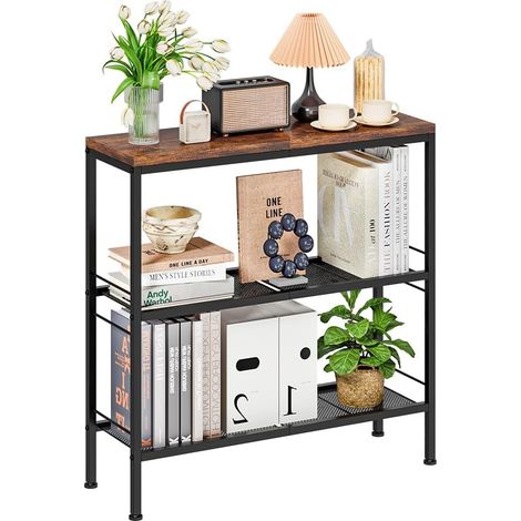 Table d’appoint 75 cm  Meuble étroit 3 étages avec Rangement, Style Industriel, Cadre métal Noir et étagères en Treillis, pour entrée, Couloir, canapé, Salon – Brun Rustique (1/5)