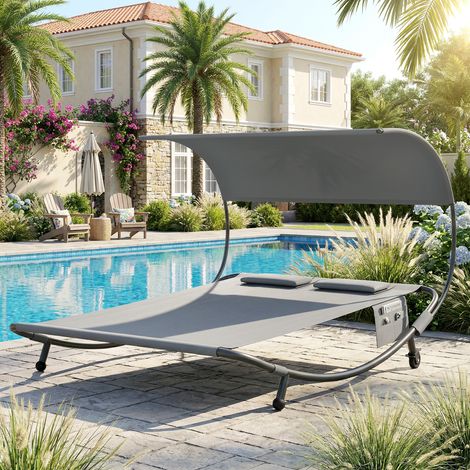 Transat double avec auvent amovible, roues, coussins et poches, gris