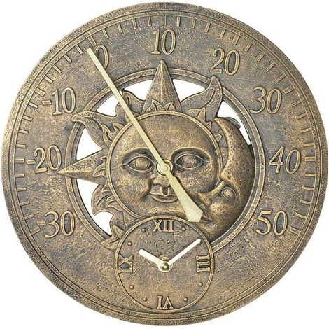Horloge murale extérieure vintage étanche – Design soleil et lune – Résine durable effet bronze – Fonctionnement silencieux (1/5)