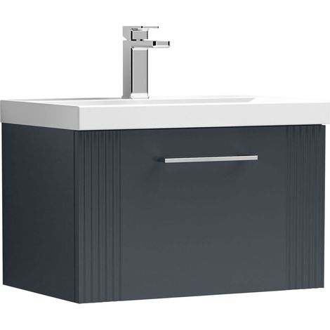 Nuie Deco Satin Soft Black 600mm Wall Hung Single Drawer Vanity Unit and Thin Edge Ceramic Basin - DPF1494D (1/5)