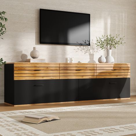 Mueble TV (168x38x59 cm), para televisores de hasta 65 pulgadas, 3 cajones, 2 puertas abatibles, MDF y tablero de partículas, madera y negro (1/5)