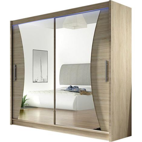 Armoire Closico 124, Sonoma chêne, 215x180x57cm, Portes d'armoire: Coulissantes, Nombre d'étagères: 5, LED (1/4)