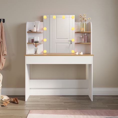 ELEGANT Dressing Table with LED Lights, Three lights mode Vanity Table, Makeup Desk with Drawer and Open shelves 108x40x140cm, White/Oak, without Stool