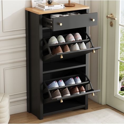 Scarpiera 50x25x95 cm con 2 ante a ribalta e 1 cassetto, soluzione salvaspazio, in MDF nero e legno (1/5)