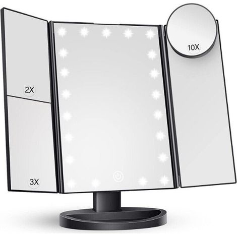 Miroir de maquillage lumineux avec 22 LED, double alimentation (grossissement x1/x2/x3/x10), grossissement réglable, angle ajustable à 180°, miroir cosmétique de voyage, noir