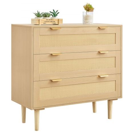 Rattankommode Aufbewahrungsschrank mit 3 Schubladen & Metallgriffen & Holzbeinen, moderner Rattanschrank für Schlafzimmer Wohnzimmer Flur (80 x 35 x 77 cm) Kleidungsschrank Schubladenschrank (1/5)