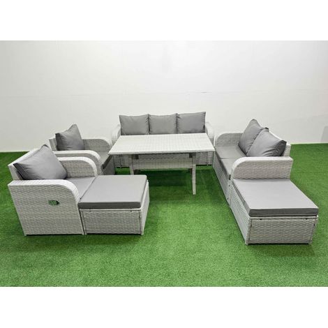 Fimous PE Rattan Garden Furniture Set Reclining Chair Sofa Double Love Seat 2 Seater Sofa Lounge Set Rectangular Dining Table 2 Big Footstool Light Grey (1/4)