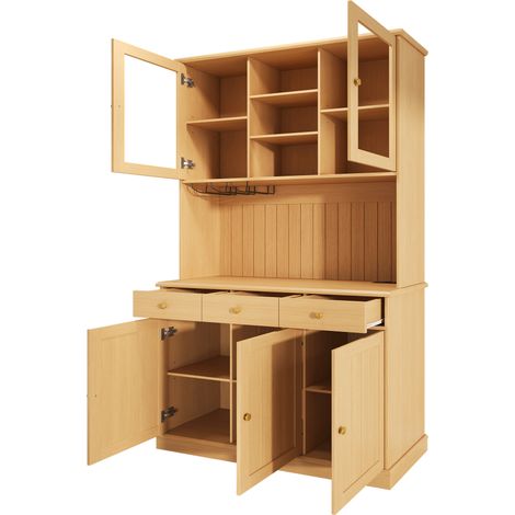 Buffet haut 120x40x191 cm en panneau de particules, vitré, porte-verres, prises et USB, naturel (1/5)