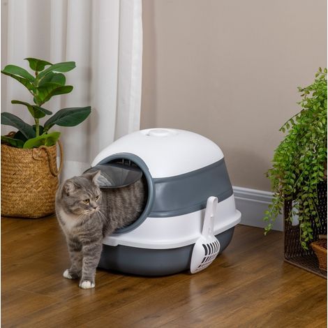 Faltbare geschlossene Katzentoilette mit Schaufel, 52 x 41 x 38 cm, weiß/grau OKMYHOME (1/5)
