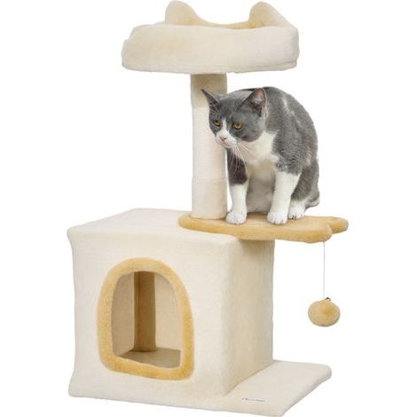 Arbre à chat avec perchoir et niche, bois, peluche et sisal, 40x30x72 cm, beige et jaune (1/5)