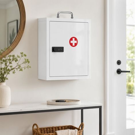 Armario botiquín de pared con cerradura de combinación, 3 niveles y asa, acero blanco resistente a la humedad para medicamentos y primeros auxilios – CHICFURN (1/5)