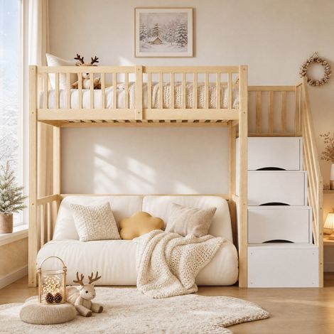 Cama alta 90x200 cm, con escalera de almacenamiento, estructura de madera de pino, color madera natural (1/5)