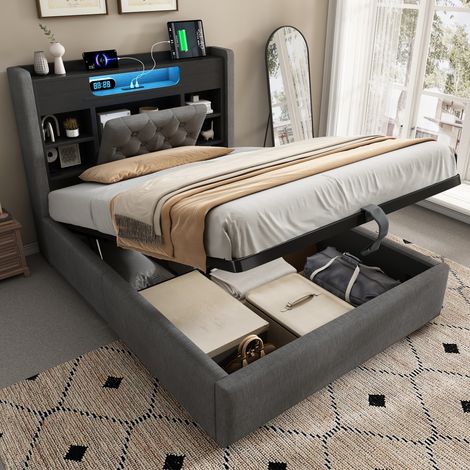 Letto imbottito 90/200 cm grigio con vano contenitore idraulico, LED e porte USB/USB-C (1/5)