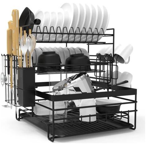 VURAHOME - Égouttoir à Vaisselle, Egouttoir à 3 Niveaux de Grande Capacité avec bac D'égouttage, Egouttoir à Vaisselle Amovible en Acier Inoxydable pour Comptoir (Noir) (1/5)