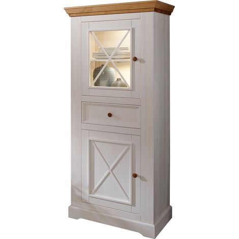 Vitrinenschrank Kiefer weiß mit Eiche, WARNA-69 (1/4)