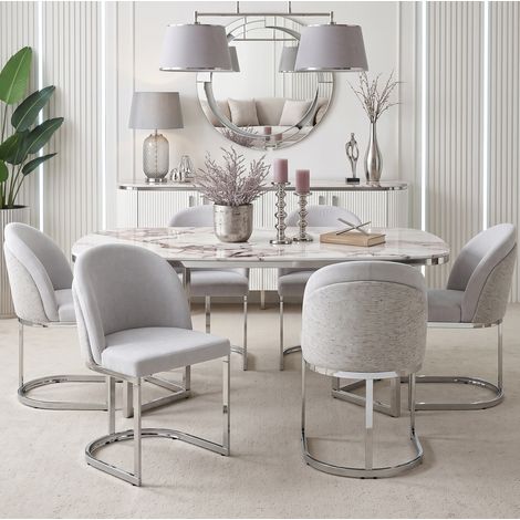 Juego de 4 sillas de comedor, respaldo doble, asiento acolchado, patas de metal galvanizado, chenille gris y plata (1/5)