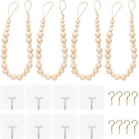 Lot de 4 embrasses de rideaux en perles de bois faites à la main en corde de coton pour chambre élégante charme naturel (1/4)