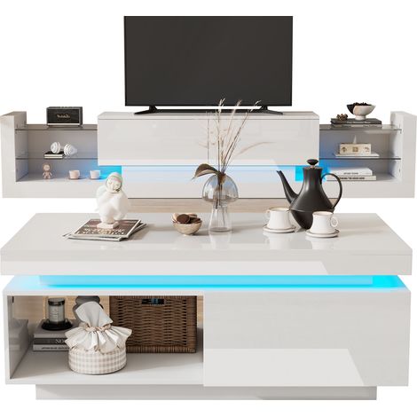 Ensemble de placards TV brillants,meubles TV + table basse,ensemble mural du salon,meuble mural TV haute brillance,meuble TV blanc (1/5)