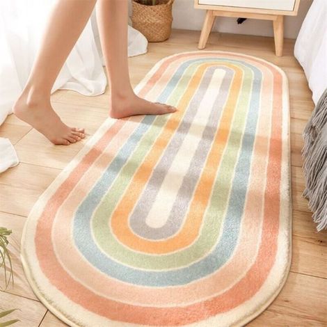 Tapis ovale arc-en-ciel 60x160 cm, antidérapant en cachemire, pour chambre à coucher, chevet et tatami, tapis de sol doux (1/2)