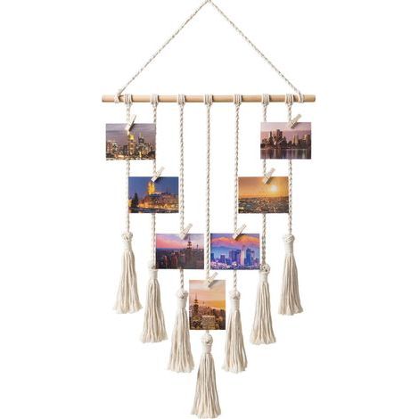 Décoration murale tissée en coton – Beige – Support photo fait main avec 25 pinces en bois (1/5)