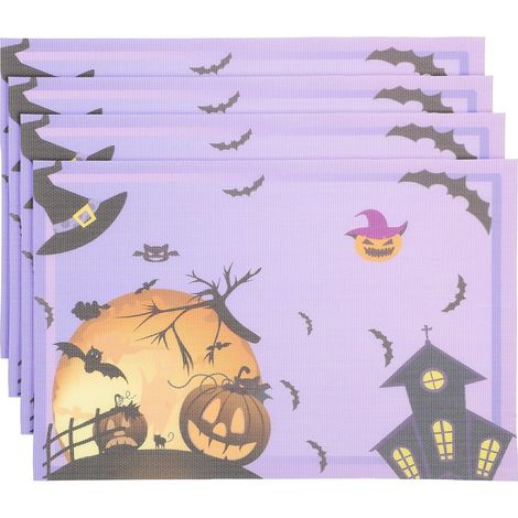 Lot de 4 sets de table Halloween en coton et lin – Épais et résistants, avec motifs pour bols et tasses (1/5)