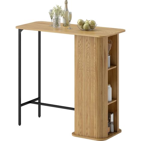 Table Haute Mange Debout, Table de Bar avec 3 Étagères de Rangement et Pieds en Métal, 112x50x106cm, Bois Naturel