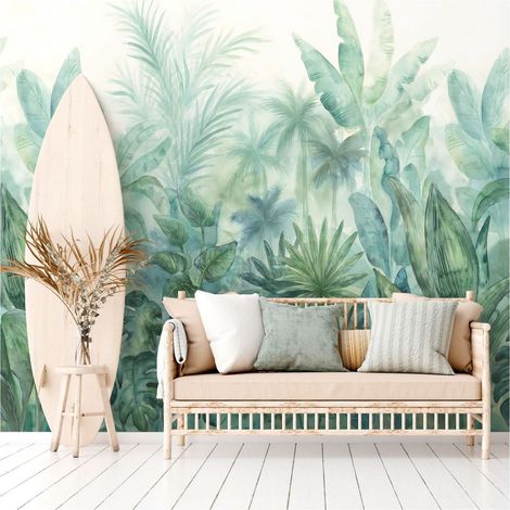 Photo wallpaper Profhome 392301 hot embossed non-woven wallpaper smooth with jungle elements matt green blue cream 2.65 m x 2.8 m (1/4)