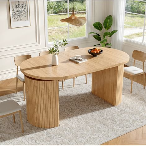 Table à manger ovale extensible 160x80x76 cm avec rangement caché, adaptable avec flexibilité aux petits espaces, cuisine, bureau et salon, plateau épais, MDF, marron clair (1/5)