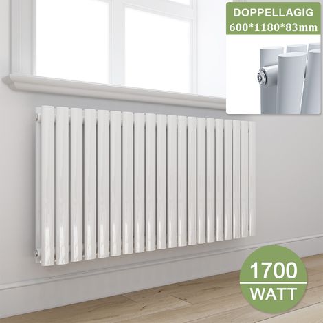 ELEGANT Design Heizkörper Weiß Doppellagig Röhrenheizkörper Oval Mittelanschluss Paneelheizkörper Horizontal 600x1180mm 1700Watt