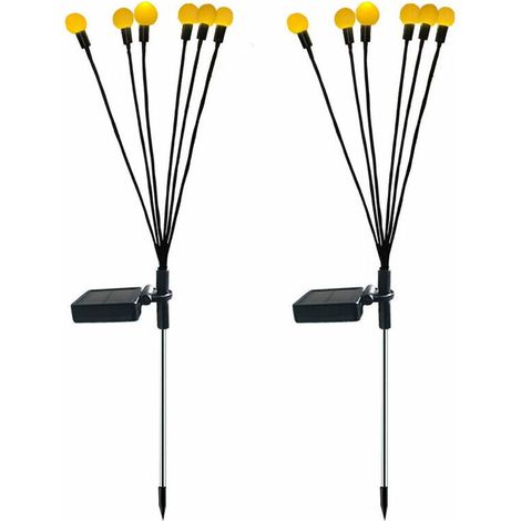 royaluxe -Lot de 2 lampes solaires à 6 têtes avec luciole solaire Contrôle intelligent de la lumière Prise de terre étanche pour l'extéri Décoration d'ambiance de jardin (blanc chaud, boîtier de batte