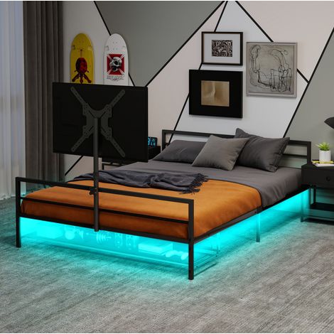 Gaming-Metallbett 206 cm schwarz aus Eisen mit verstellbarer Monitorhalterung, LED-Beleuchtung und Stauraum (1/5)
