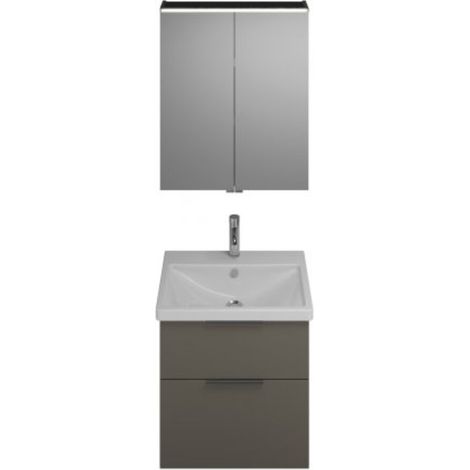 Burgbad Eqio Badmöbel-Set, mit Keramikwaschtisch + Unterschrank und Spiegelschrank, mit Griffleiste Grau Hochglanz/Alpinweiss 65 cm Schwarz matt (1/2)