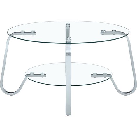 Tavolino rotondo a 2 livelli in vetro temperato e metallo argentato, 80 x 80 x 45 cm (1/5)