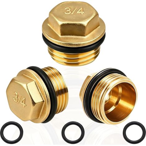 3 pièces de bouchons en laiton G3/4" (Ø25,7 mm), bouchons aveugles G3/4 pouces filetage extérieur, DN20, bouchons de fin de tube avec joint en caoutchouc G3/4" AG, bouchons de fermeture en laiton (1/5)