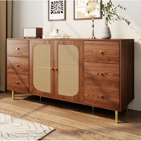 Sideboard aus MDF in Holzoptik mit Rattantüren, 160 x 40 x 90 cm, 6 Schubladen, 2 Türen, vielseitiger Stauraum (1/5)