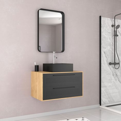 Mueble de baño 2 cajones + lavabo cuadrada + Espejo - Uby 80cm