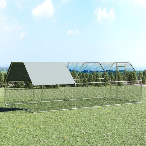 Wasserdichter Hühnerstall aus verzinktem Metall, Hühnerauslauf mit Tür und Oxford-Abdeckung, 280 x 570 x 195 cm