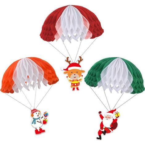 Guirlande Suspendue Noel - Parachute En Papier Alvéolé Avec Figurine Pere Noël Rennes Bonhomme De Neige - Décoration Fête De Fin D Année - Lot De 3