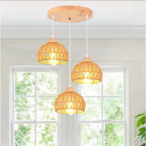 Suspension Luminaire Vintage Lustre Plafonnier en Bois Rotin Brun Abat-jour Design Cage Lampe Rétro pour Salon Chambre (1/5)