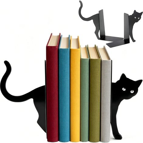 Serre-livres en métal, lot de 2 supports à livres, serre-livres noirs, décoratifs, pour les amoureux des livres et des chats (1/5)