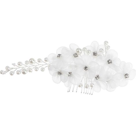 Pince à cheveux de mariage ornée de perles et strass, peigne et feuille en forme de fleur (blanc, couleur de la tresse aléatoire)-16.00X4.00X1.00CM-White (1/4)