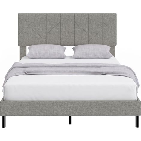 Cadre de lit 140x190 avec sommier et tête inclinable, lit double capitonné lin, espace de rangement intégré, gris (1/5)