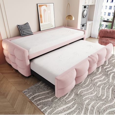 Ausziehbares Polsterbett 90/180 x 190 cm aus rosa Teddy-Stoff mit Lattenrost, ohne Matratze (1/5)