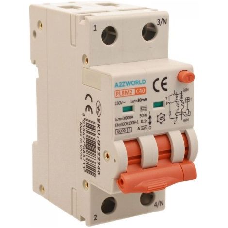 RCBO Interruttore Magnetotermico Differenziale Con Doppia Leva Tipo A Curva C 2P 2M 6000A 30mA, Diagnostica Visiva, C40A  AC 230V IP20 IEC61009-1 PL8M2 GB65340